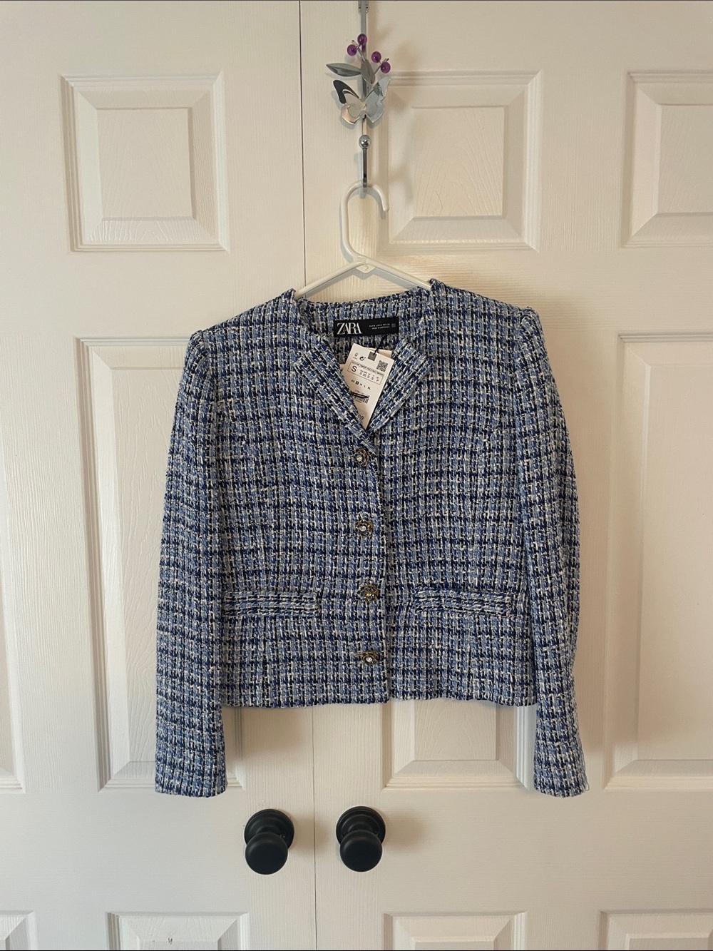 Zara Navy and White Tweed Cropped Blazer
